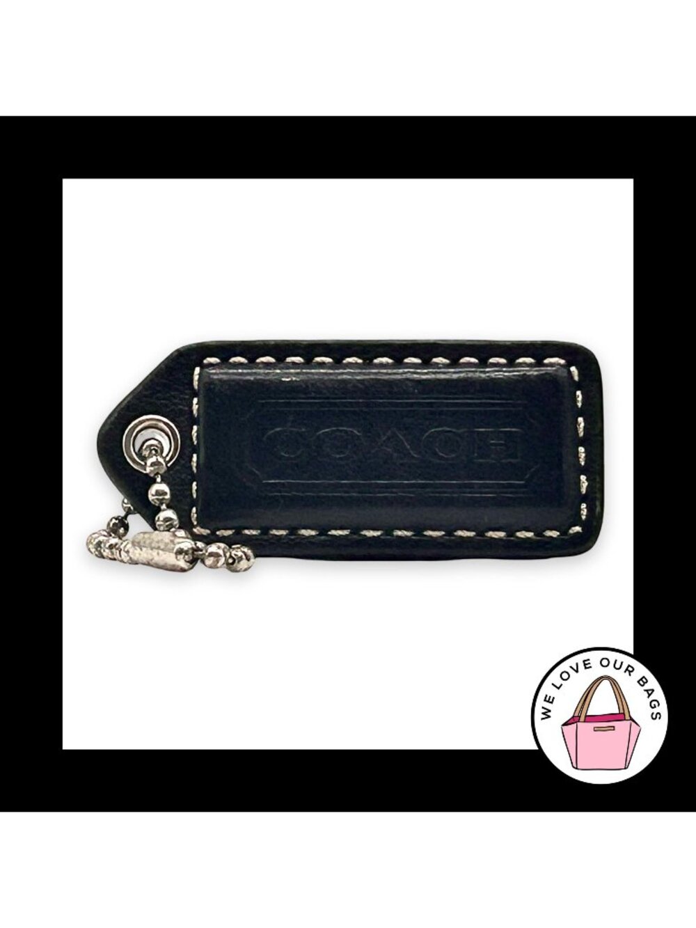 COACH Y2K VINTAGE Hang Tag 2" Black Leather Bag Charm Keychain Fob Nickel Medium